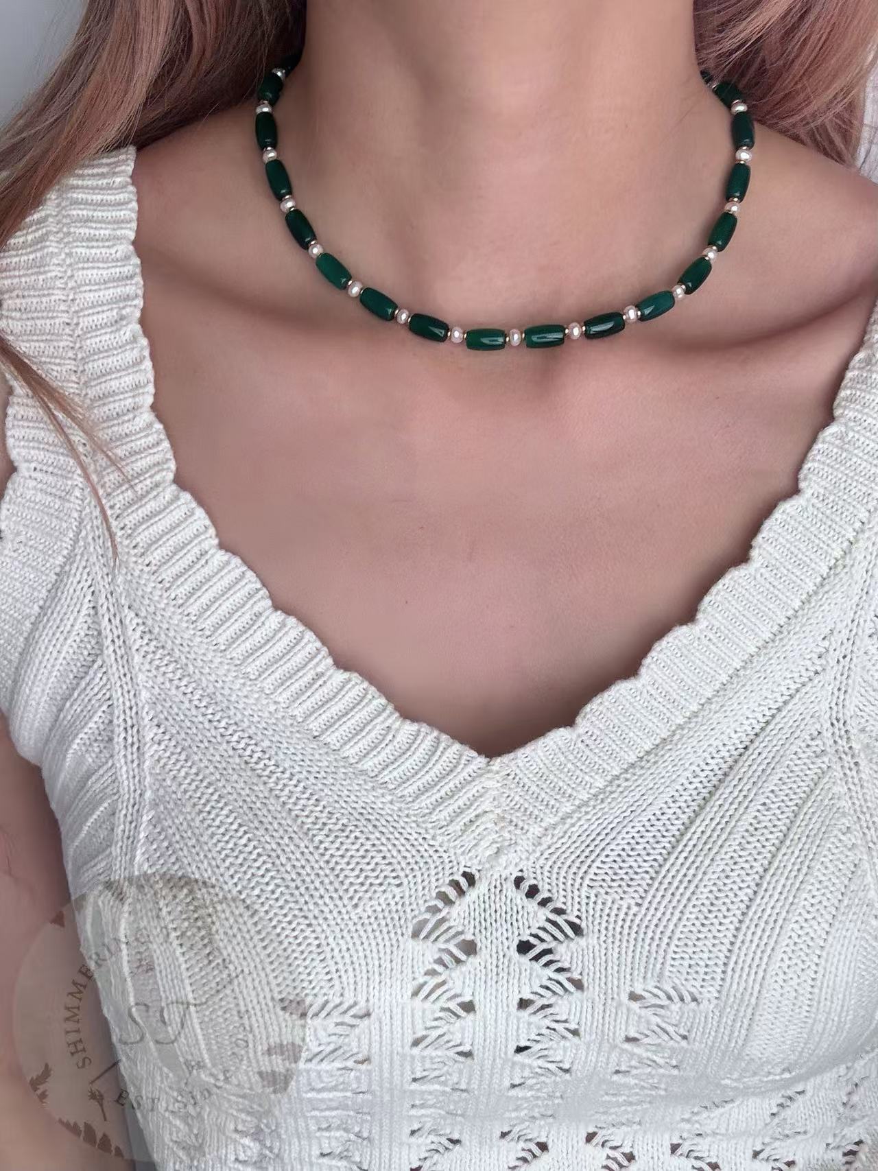 Summer Lights . Green Agate x Pearl Necklace
