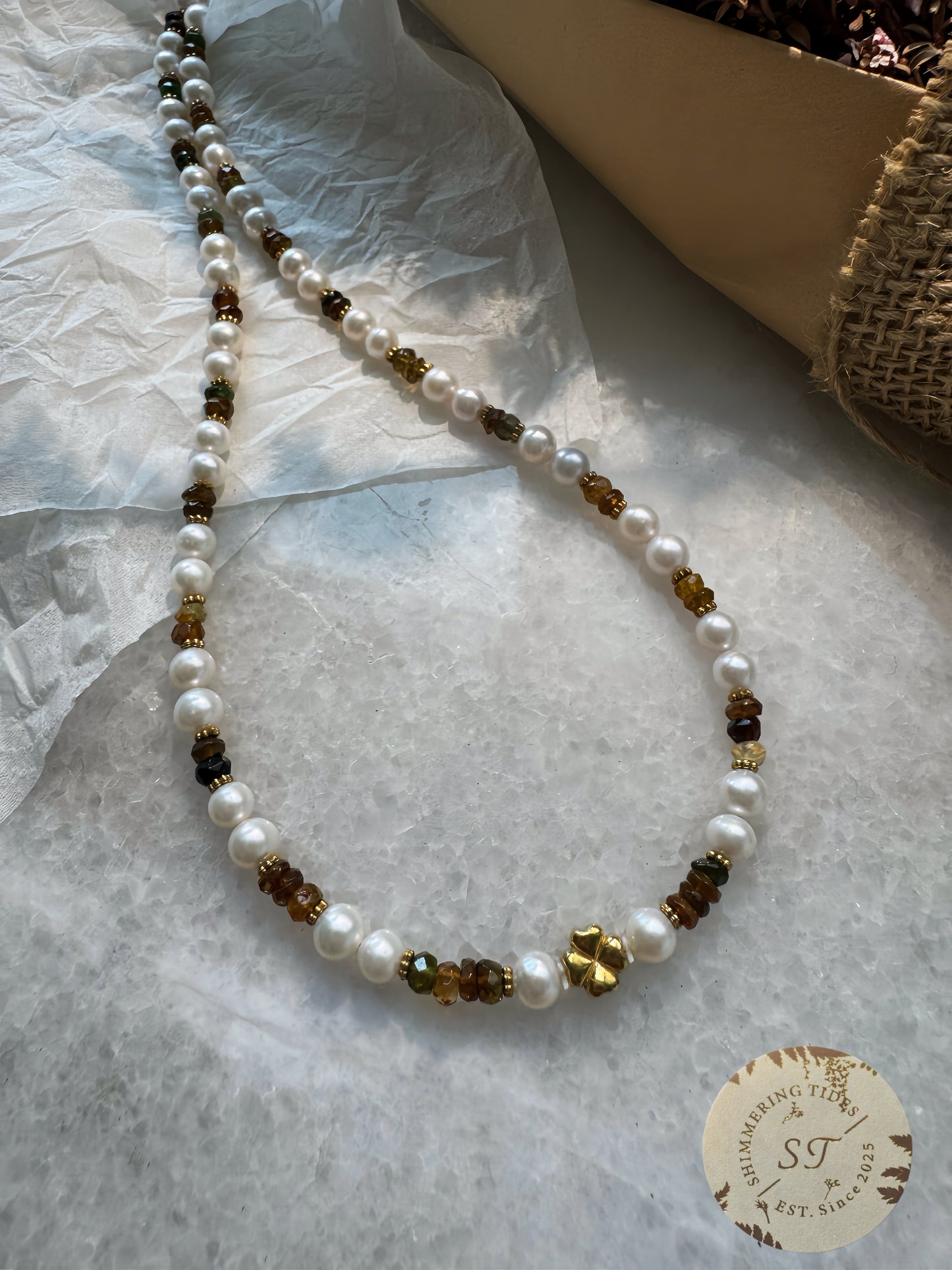 Autumn Love .  Tourmaline & Freshwater Pearl Necklace
