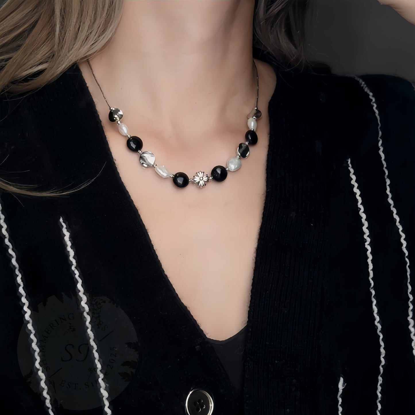 Silver Bloom - Black Onyx & Baroque Pearl Necklace